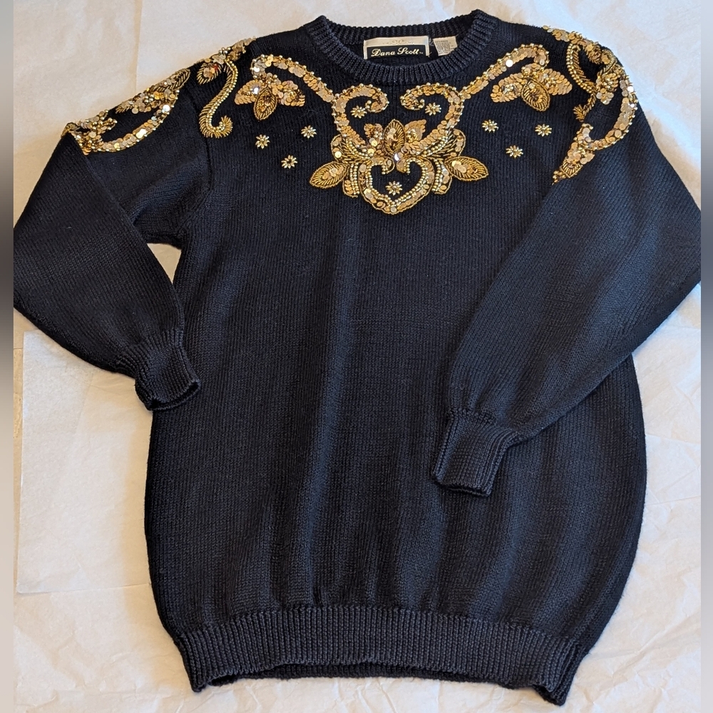 Vintage Black Knit Sweater Gold Rhinestone Bead Embellishment Small/ Medium